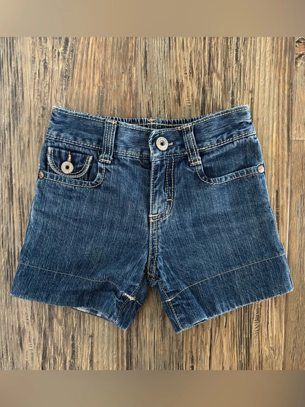 OshKosh B’gosh Denim Shorts Jorts 3T Blue Red White Plaid Cuff Embroidered Logo